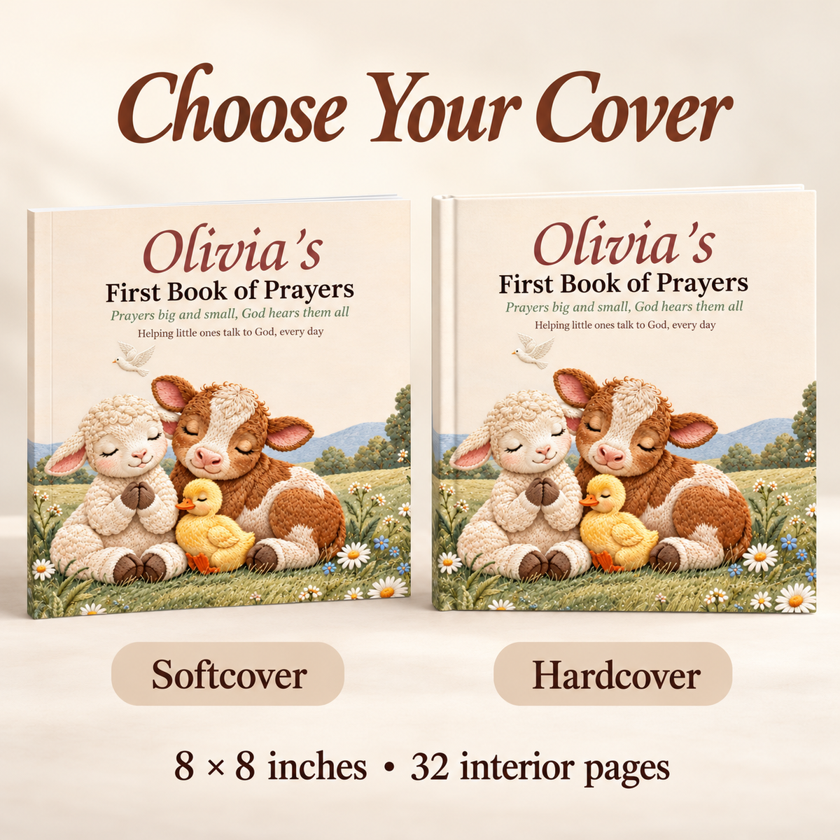 Softcover and hardcover versions of the personalized First Book of Prayers, 8 x 8 inches