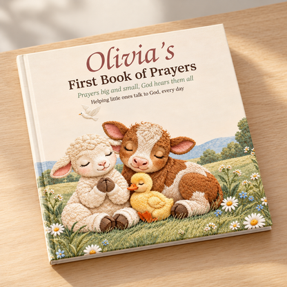 Personalized First Book of Prayers cover with a lamb, calf and duckling