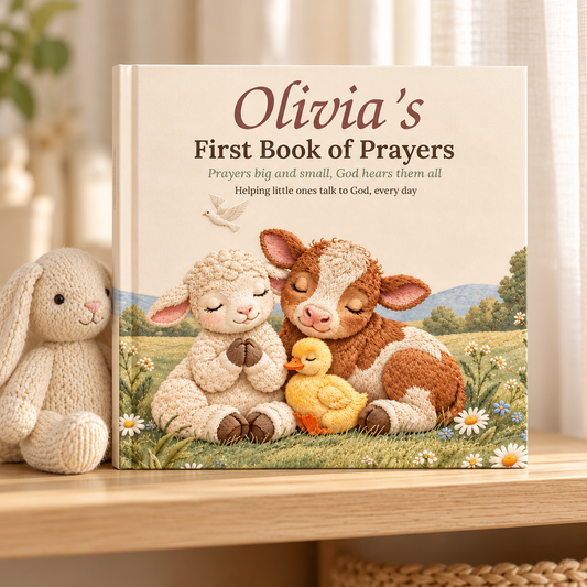 Personalized First Book of Prayers with the child's name on the cover, standing on an oak shelf