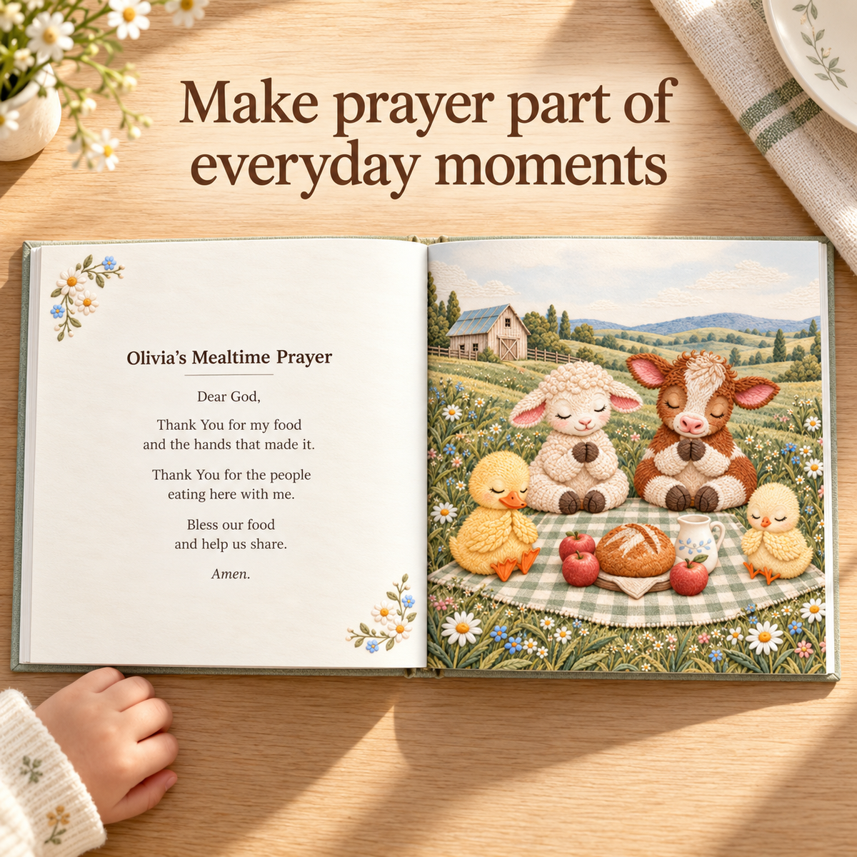 Open book showing a personalized mealtime prayer with farm animal illustration