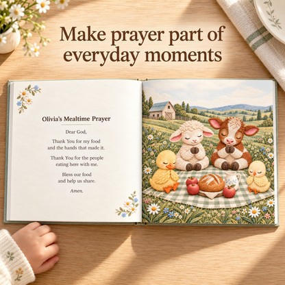 Open book showing a personalized mealtime prayer with farm animal illustration