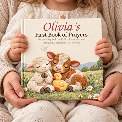 Parent and toddler holding the personalized prayer book