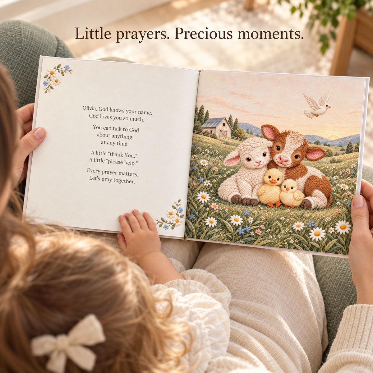 Parent reading the personalized prayer book with a toddler