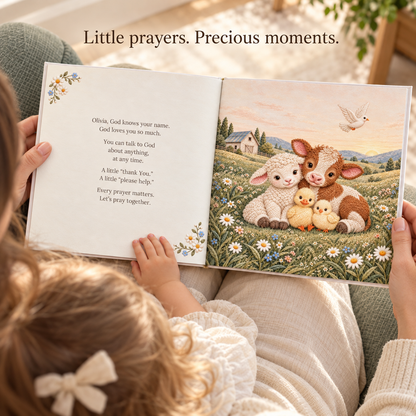 Parent reading the personalized prayer book with a toddler