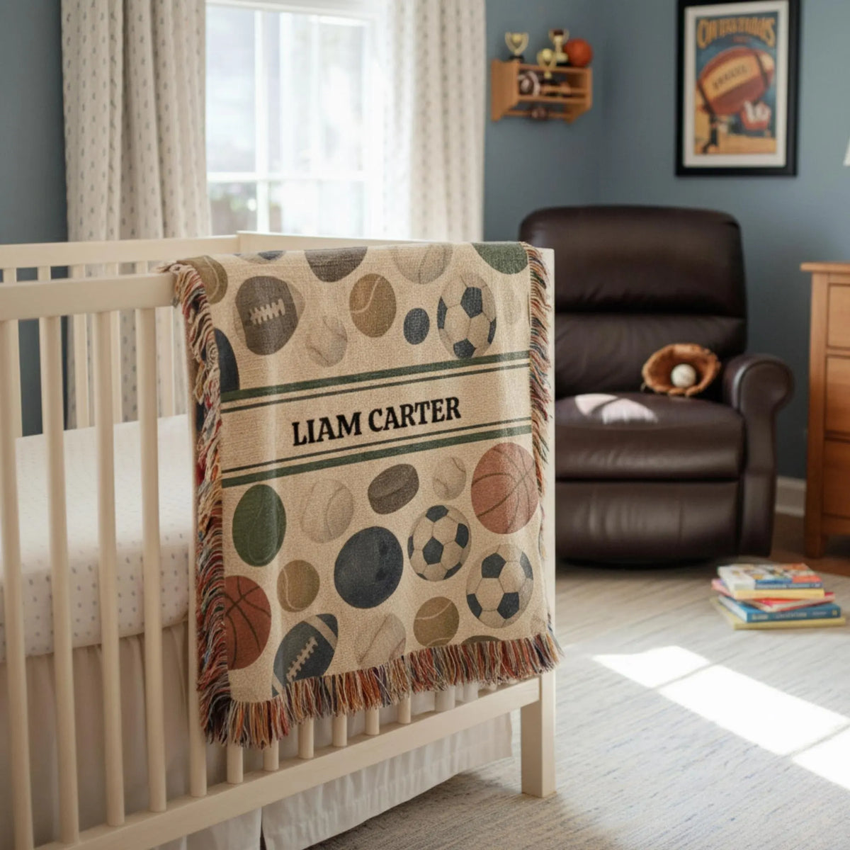 Sports Baby Blanket Personalized – Custom Name Woven Nursery Throw with Basketball Soccer Football