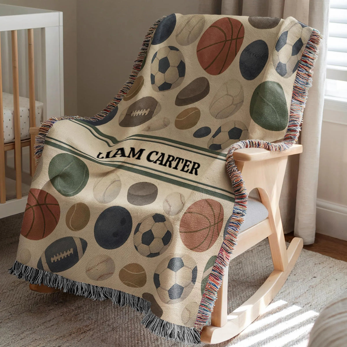 Sports Baby Blanket Personalized – Custom Name Woven Nursery Throw with Basketball Soccer Football